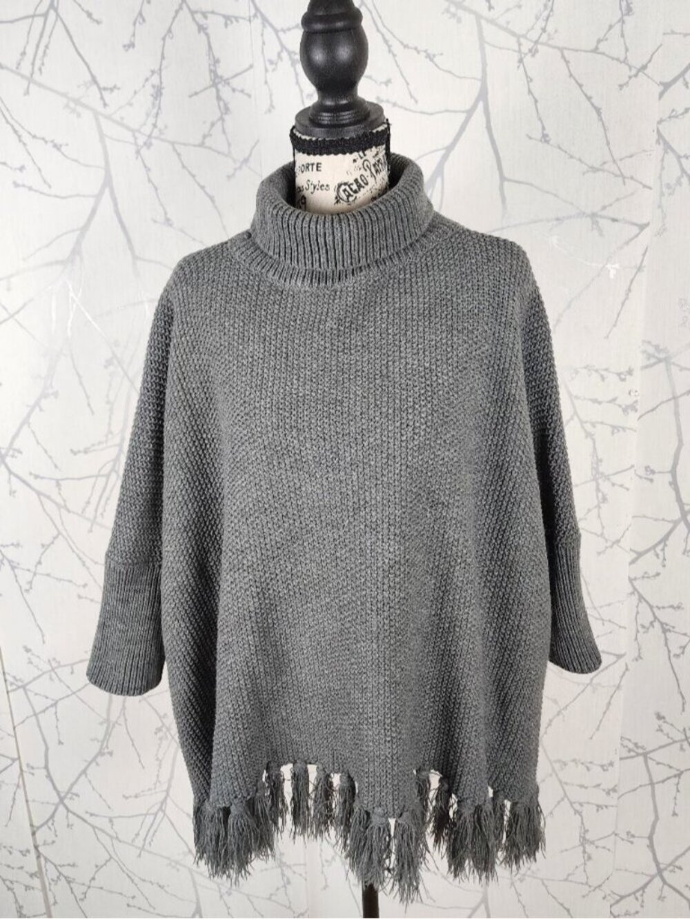 Urban Outfitters Gray Chunky Knit Turtleneck Fringe Poncho